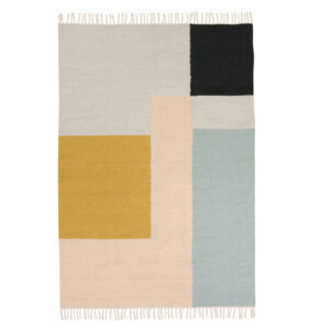 Kelim Rug von Ferm Living mit grafischem Muster in Senf, Rosé, Bleu, Ecru und Schwarz