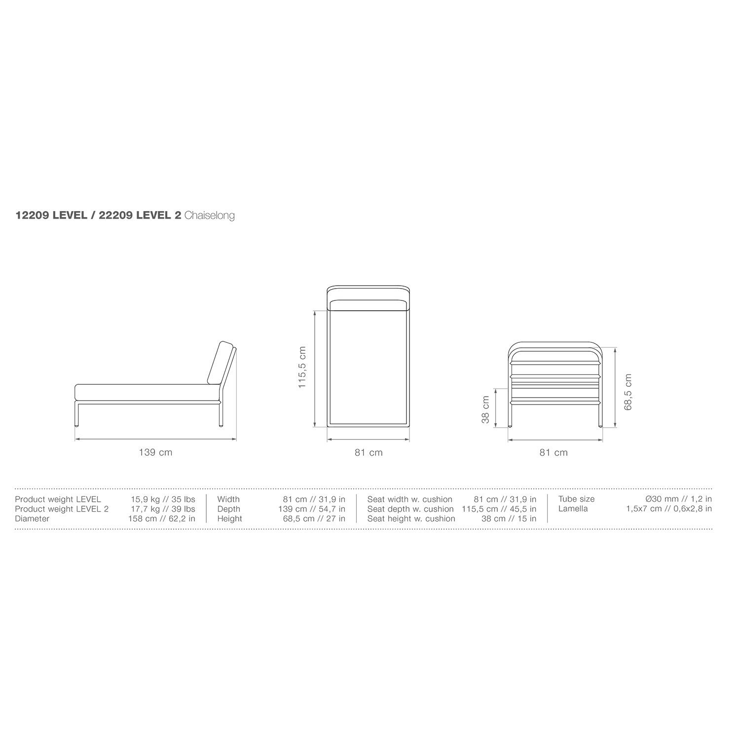 houe level chaiselong abmessungen 93219