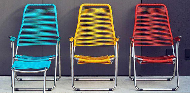 FIAM Spaghetti Armlehnstuhl in petrol, gelb und rot