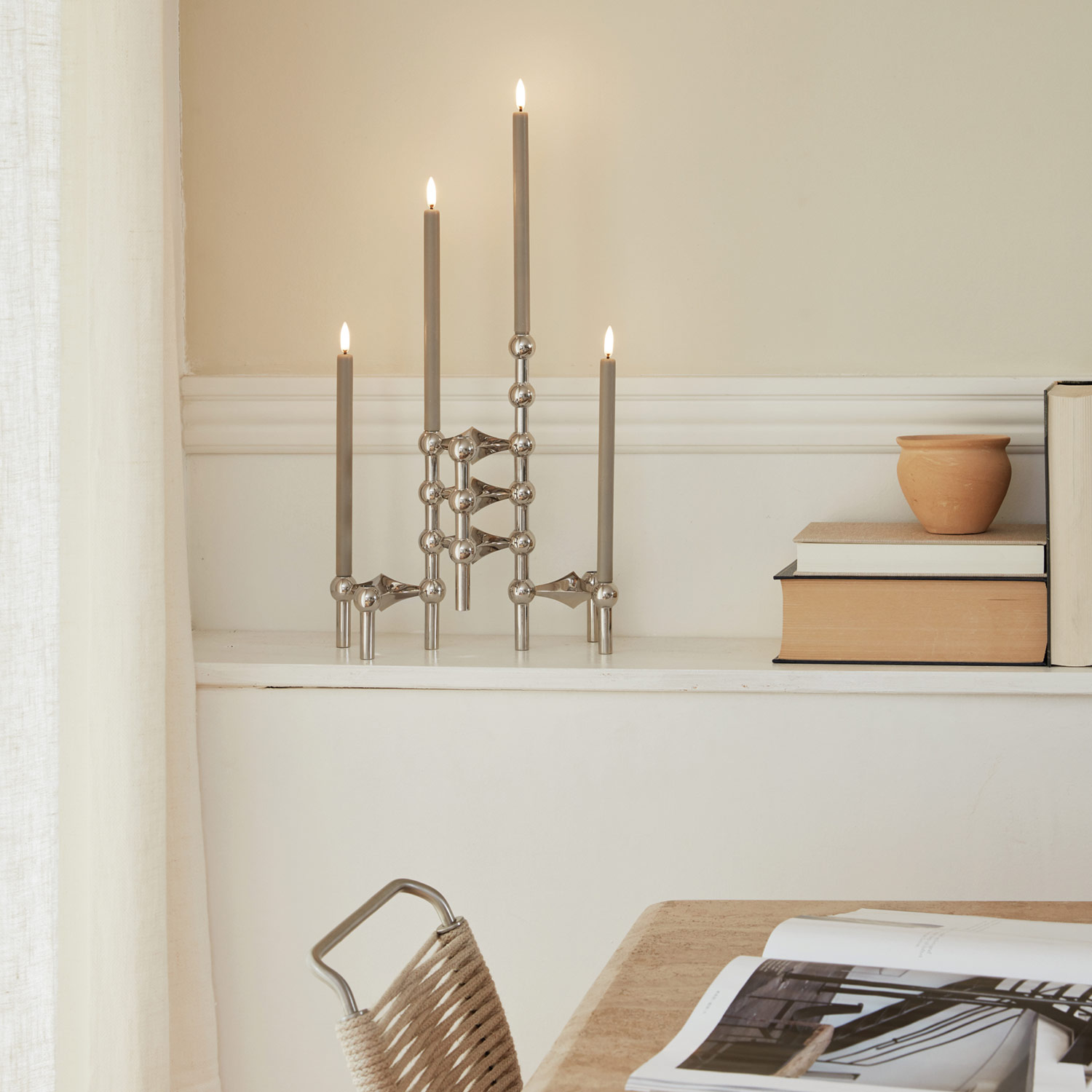 Stoff Nagel LED Kerzen sand ambiente kerzenhalter silber 86451